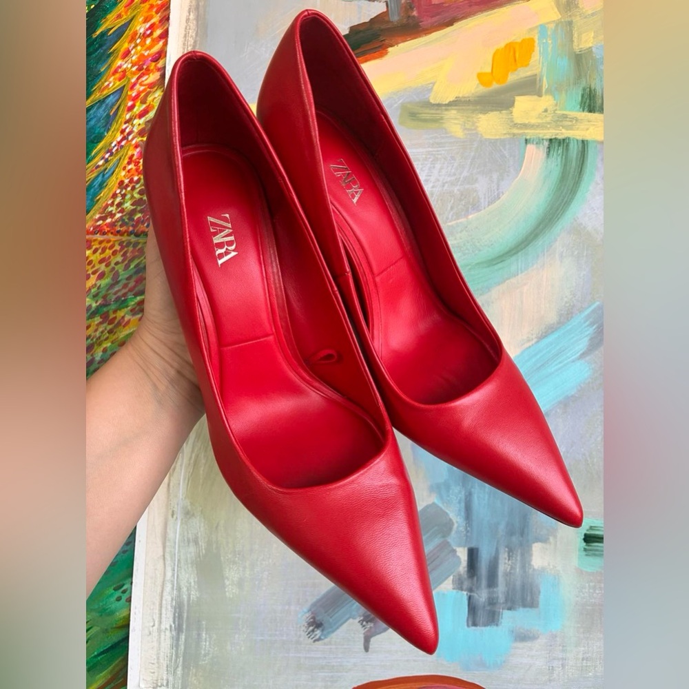 Zara red court leather pump heels